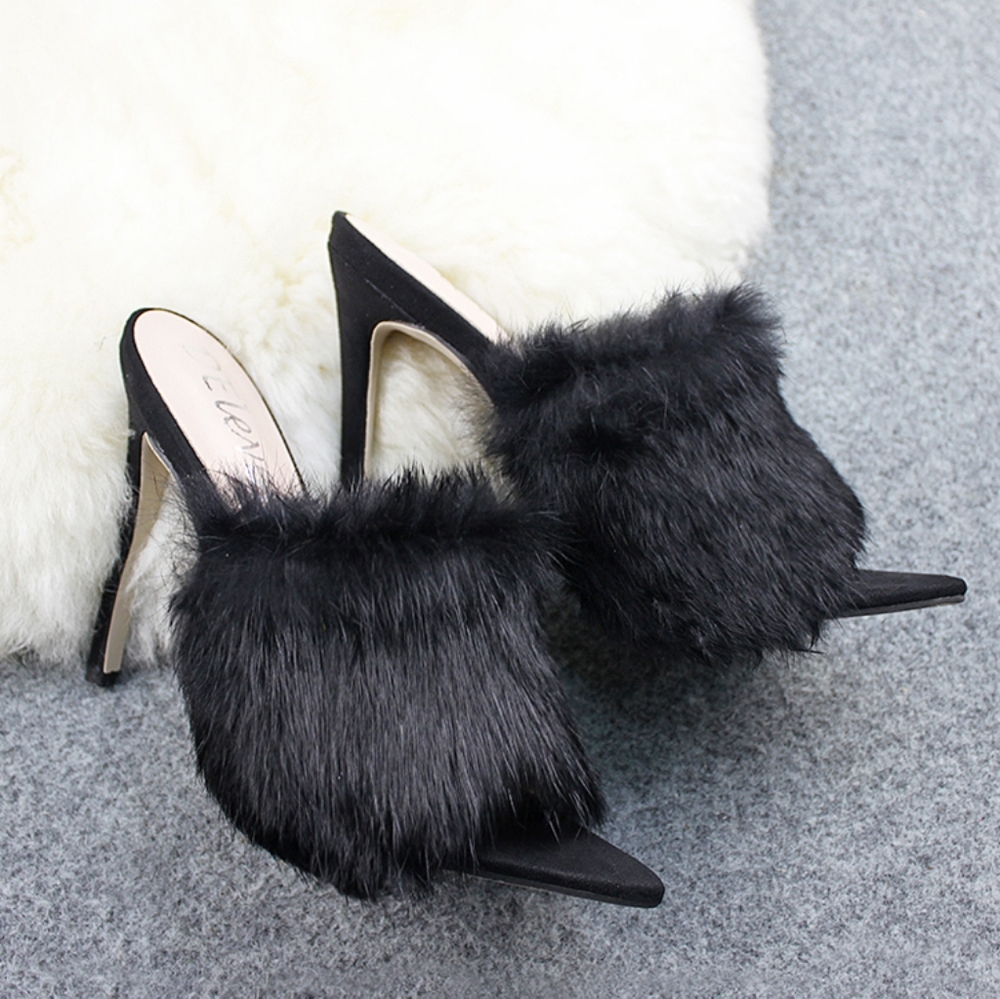 Deleventh Fur High Heel Slippers Black Size 7